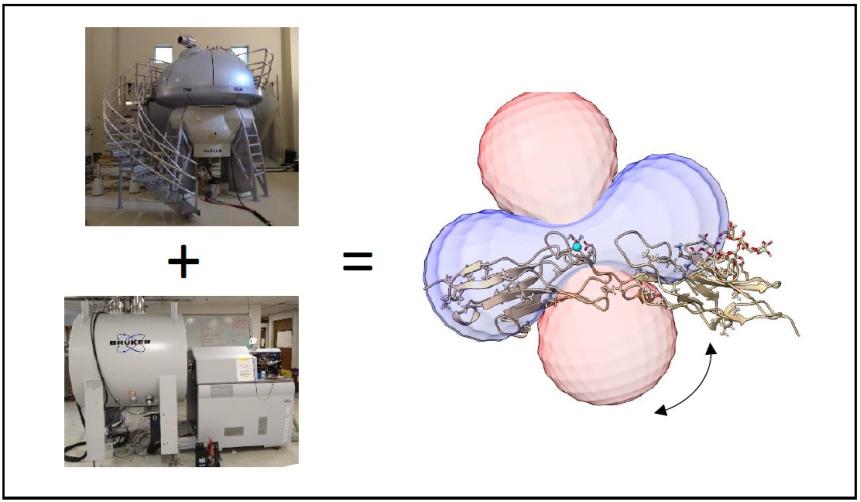 Photographs of NMR spectrometer and mass spectrometer, and illustration of chemical as viewed by these instruments