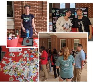 Scenes from open house event including woman at a table with science promotional items, two women in front of a display for student organization, a close-up of promotional stickers, and students and faculty watching a chemistry experiment demonstration