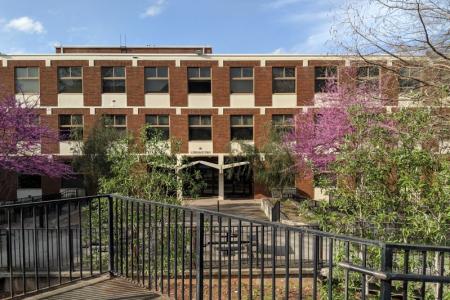 Chemistry Building in Spring with redbud trees