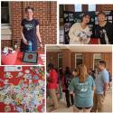 Scenes from open house event including woman at a table with science promotional items, two women in front of a display for student organization, a close-up of promotional stickers, and students and faculty watching a chemistry experiment demonstration